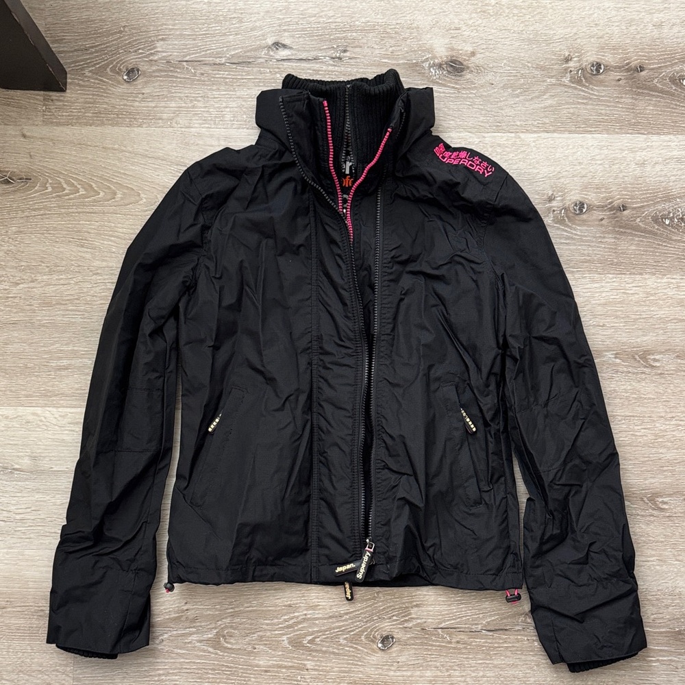 Superdry Black and Pink Windbreaker Jacket with Triple Zipper Detail
